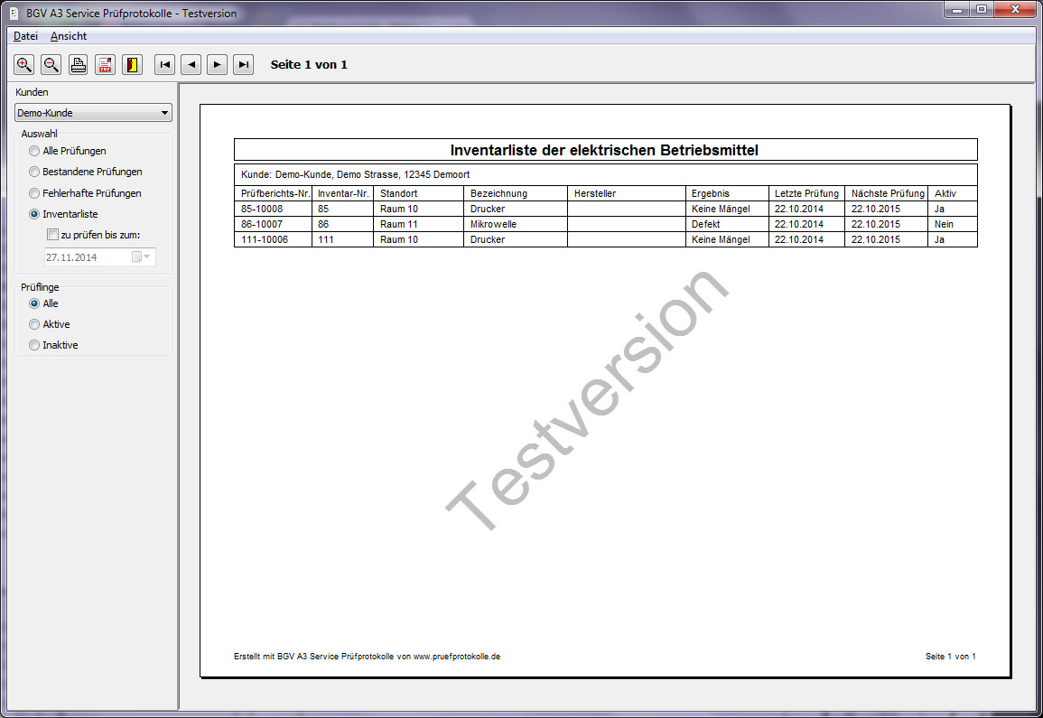 BGV A3 Servce Inventarliste