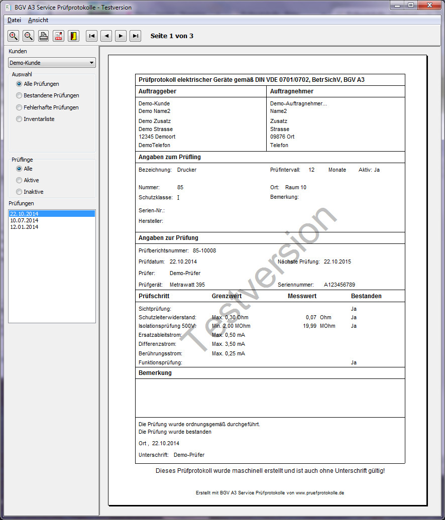 BGV A3 Service Berichte